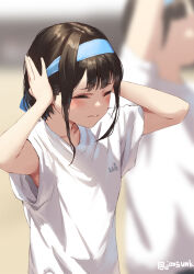 Rule 34 | 2girls, blue hairband, blurry, blurry background, blush, brown hair, closed eyes, closed mouth, collarbone, commentary request, covering own ears, flat chest, hairband, jonsun, misaki (jonsun), multiple girls, original, shirt, short hair, short sleeves, sidelocks, solo focus, twitter username, wavy mouth, white shirt