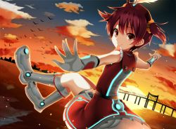 Rule 34 | 1girl, backlighting, bike shorts, brown hair, cloud, gloves, hat, isshiki akane, long hair, outstretched arms, palette suit, red eyes, sky, spread arms, sunset, twintails, vividred operation, yuukyuu ponzu