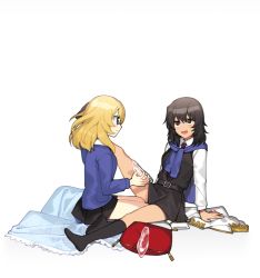 Rule 34 | 2girls, andou (girls und panzer), arm support, bc freedom school uniform, black dress, black eyes, black hair, black legwear, blonde hair, blue eyes, blue sweater, closed mouth, commentary request, dark-skinned female, dark skin, dress, dress shirt, girls und panzer, glass slipper, leaning back, leg up, light smile, long sleeves, looking at another, medium hair, messy hair, multiple girls, necktie, open mouth, oshida (girls und panzer), pillarboxed, pinafore dress, pleated dress, school uniform, shirt, short dress, simple background, sitting, sleeveless dress, smile, socks, sweater, sweater around neck, tan (inka), wariza, white background, white shirt, wing collar