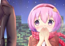 Rule 34 | 1girl, 1other, ambiguous gender, blush, bob cut, brown jacket, building, caloriemate 20, cityscape, cold, commentary request, covering own mouth, hairband, hands on own face, heart, jacket, komeiji satori, looking to the side, night, night sky, out of frame, outdoors, pink eyes, pink hair, plaid, plaid scarf, scarf, short hair, sideways glance, sky, skyscraper, sparkle, star (sky), starry sky, touhou