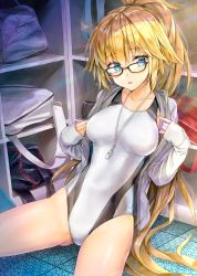 Rule 34 | 1girl, bag, blonde hair, blue eyes, commentary, competition swimsuit, fate/grand order, fate (series), glasses, hair tie, jacket, jacket on shoulders, jacket over swimsuit, jeanne d&#039;arc (fate), jeanne d&#039;arc (ruler) (fate), jeanne d&#039;arc (swimsuit archer) (fate), jeanne d&#039;arc (swimsuit archer) (second ascension) (fate), jeanne d&#039;arc alter (fate), koyuki (kotatsu358), light particles, light rays, locker, locker room, long hair, looking at viewer, nail polish, on floor, one-piece swimsuit, open mouth, ponytail, sitting, swimsuit, translation request, very long hair, whistle, white one-piece swimsuit