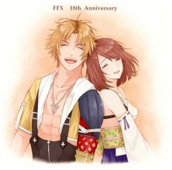 Rule 34 | 1boy, 1girl, 6co co6, blonde hair, breasts, brown hair, detached sleeves, closed eyes, final fantasy, final fantasy x, hair ornament, hakama, hakama skirt, japanese clothes, jewelry, medium hair, necklace, open mouth, skirt, smile, tidus, yuna (ff10)