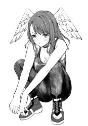 Rule 34 | 1girl, bare arms, bare shoulders, blush, bodysuit, breasts, cleavage, closed mouth, collarbone, commentary request, eunie (xenoblade), feathered wings, full body, greyscale, head wings, highres, long hair, looking at viewer, medium breasts, monochrome, shoes, simple background, solo, squatting, v-shaped eyebrows, white background, wings, xenoblade chronicles (series), xenoblade chronicles 3, yamamori kinako