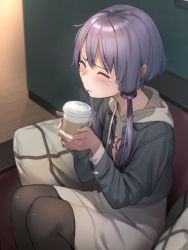 Rule 34 | 1girl, black pantyhose, blush, coffee cup, cropped jacket, cup, cup holder, cushion, denim, denim jacket, disposable cup, feet out of frame, from above, hair tubes, highres, holding, holding cup, hood, hoodie, indoors, jacket, kuz, pantyhose, purple hair, short hair with long locks, sidelocks, sitting, solo, steam, tears, tongue, tongue out, vocaloid, voiceroid, white hoodie, wooden floor, yuzuki yukari