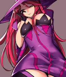 Rule 34 | 1girl, arc system works, bare shoulders, black sclera, black thighhighs, blazblue, blazblue: central fiction, breasts, brown background, colored sclera, detached sleeves, dress, female focus, gloves, grin, hat, highres, huge breasts, konoe a. mercury, large breasts, light smile, long hair, looking at viewer, pink hair, pino (hetare1023), red hair, shiny clothes, shiny skin, simple background, smile, solo, thick thighs, thighhighs, thighs, very long hair, witch hat, yellow eyes, zettai ryouiki