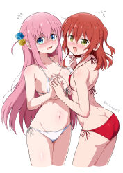 Rule 34 | 2girls, absurdres, ass, asymmetrical docking, bikini, blue eyes, blush, bocchi the rock!, breast press, breasts, butt crack, cropped legs, cube hair ornament, eggman (pixiv28975023), flying sweatdrops, gotoh hitori, green eyes, hair ornament, highres, holding hands, kita ikuyo, large breasts, long hair, multiple girls, navel, one side up, open mouth, pink hair, raised eyebrows, red bikini, red hair, side ahoge, simple background, small breasts, stomach, swimsuit, v-shaped eyebrows, very long hair, white background, white bikini