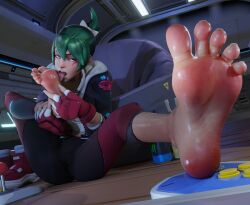 Rule 34 | 1girl, 3d, absurdres, asian, bad tag, barefoot, blender, blender (medium), blizzard (company), brown eyes, feet, female focus, foot focus, green hair, highres, japanese, japanese female, kiriko (overwatch), kiriko kamori, lega, licking, licking feet, licking foot, licking own foot, long hair, long legs, looking at viewer, nail polish, overwatch, overwatch 2, pleasured face, ponytail, pussy juice, shiny skin, soles, sweat, syclops, toenail polish, toenails, toes, toes spread, tongue, tongue out, wet