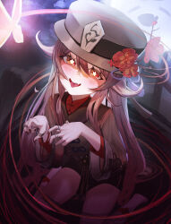 Rule 34 | 1girl, absurdres, black shorts, blush, boo tao (genshin impact), brown hair, chinese clothes, fang, flower, flower-shaped pupils, genshin impact, gradient hair, hat, hat ornament, highres, hu tao (genshin impact), jewelry, kenka (user hrjm2543), long hair, long sleeves, looking at viewer, multicolored hair, plum blossoms, porkpie hat, red eyes, red shirt, ring, shirt, shorts, sidelocks, skin fang, symbol-shaped pupils, thighs, tongue, twintails