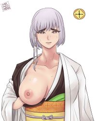 Rule 34 | 1girl, absurdres, bleach, breasts, brown eyes, grey hair, highres, kotetsu isane, large breasts, one breast out, short hair, solo, sweat, tagme