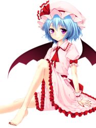 Rule 34 | 1girl, ascot, barefoot, bat wings, blouse, blue hair, bow, buttons, collared shirt, dress, fingernails, frilled dress, frilled shirt, frilled skirt, frills, hat, hat bow, junior27016, large bow, looking at viewer, mob cap, nail polish, pink dress, pink shirt, pink skirt, puffy sleeves, purple eyes, remilia scarlet, ribbon, shirt, short sleeves, sitting, skirt, skirt set, smile, solo, toenail polish, toenails, touhou, wings, wrist cuffs, wristband