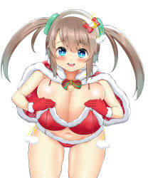 Rule 34 | 1girl, absurdres, bare hips, bare legs, bare shoulders, bend, bikini, blue eyes, blush, breast press, breasts squeezed together, breasts, brown hair, christmas, cleavage, gloves, hair ornament, highres, huge breasts, large breasts, legs apart, long hair, looking at viewer, minori (senran kagura), open mouth, santa bikini, santa coat, santa gloves, senran kagura, sideboob, solo, swimsuit, thick thighs, thigh gap, thighs, twintails