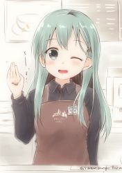Rule 34 | 1girl, alternate costume, apron, artist name, black shirt, blush, brown apron, collared shirt, commentary request, green eyes, green hair, hair ornament, hairclip, hand up, indoors, kantai collection, long hair, looking at viewer, mae (maesanpicture), one eye closed, open mouth, shirt, sidelocks, solo, suzuya (kancolle)
