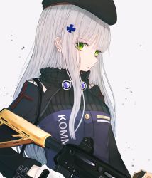Rule 34 | 1girl, assault rifle, bad id, bad pixiv id, beret, breasts, crossed bangs, girls&#039; frontline, gloves, green eyes, gun, h&amp;k hk416, hair ornament, hairclip, hat, highres, hk416 (girls&#039; frontline), holding, holding gun, holding weapon, long hair, looking at viewer, open mouth, rifle, silver hair, solo, tactical clothes, uniform, upper body, weapon, white background, white gloves, yukiko (leovioykk)