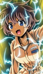 Rule 34 | 1girl, absurdres, arm up, blue eyes, brown hair, commentary, dark-skinned female, dark skin, electricity, girls und panzer, highres, jumpsuit, kamishima kanon, lightning, long sleeves, looking at viewer, mechanic, name tag, open mouth, orange jumpsuit, romaji text, shirt, short hair, smile, solo, standing, super saiyan, super saiyan 2, suzuki (girls und panzer), uniform, white shirt