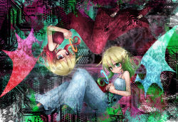 Rule 34 | 2girls, :d, artist name, bare shoulders, blonde hair, blue dress, character request, copyright request, detached wings, dress, gradient hair, green eyes, green hair, hair between eyes, interlocked fingers, looking at viewer, multicolored hair, multiple girls, open mouth, own hands together, purple eyes, ray-k, red dress, red hair, rotational symmetry, signature, sleeveless, sleeveless dress, smile, two-tone hair, wings