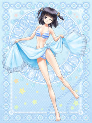 Rule 34 | 1girl, barefoot, bikini, black hair, blue background, breasts, cleavage, clothes lift, end breaker!, feet, one eye closed, ooyuki, sarong, sarong lift, short hair, skirt, skirt lift, smile, solo, source request, striped bikini, striped clothes, swimsuit, two side up