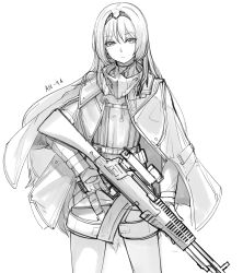 Rule 34 | an-94, an-94 (girls&#039; frontline), assault rifle, fingerless gloves, girls&#039; frontline, gloves, greyscale, gun, highres, long hair, mhg (hellma), monochrome, rifle, shorts, solo, weapon