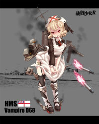 Rule 34 | 1girl, apron, armband, black thighhighs, blonde hair, blood, blood on face, blush, body writing, boots, character name, covering privates, covering crotch, damaged, fang, fire, firing, frilled apron, frills, full body, garter straps, hair in own mouth, hairband, hat, highres, leaning forward, looking away, machinery, mecha musume, necktie, nurse cap, original, red eyes, short hair, sirills, smoke, solo, standing, tears, thighhighs, torn clothes, torn thighhighs, torpedo, union jack, vampire (warship girls r), warship girls r