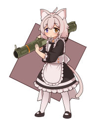 Rule 34 | 1girl, :o, ahoge, animal ear fluff, animal ears, apron, black dress, black footwear, blue eyes, blush, cat ears, cat girl, cat tail, dress, full body, heterochromia, holding rocket launcher, holding weapon, jacy, long sleeves, looking at viewer, original, pantyhose, petticoat, pink hair, rocket launcher, shoes, short hair, solo, standing, tail, waist apron, weapon, white pantyhose, yellow eyes