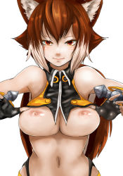 Rule 34 | 1girl, animal ears, arc system works, bad id, bad pixiv id, bare shoulders, blazblue, blazblue: continuum shift, blush, breasts, brown eyes, brown hair, clothes lift, face, fingerless gloves, flashing, gloves, large breasts, lips, makoto nanaya, multicolored hair, naughty face, navel, nipples, shirt lift, smile, solo, squirrel ears, squirrel tail, tail, watanore
