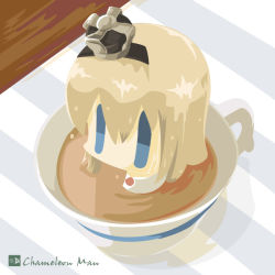 Rule 34 | 1girl, artist name, black hairband, blonde hair, blue eyes, chameleon man (three), chibi, commentary request, crown, cup, hairband, in container, in cup, kantai collection, long hair, mini crown, mini person, minigirl, no lineart, partially submerged, sitting, solo, tea, teacup, warspite (kancolle)