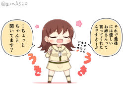 Rule 34 | 1girl, brown hair, chibi, closed eyes, commentary request, full body, goma (yoku yatta hou jane), hand on own hip, index finger raised, kantai collection, long hair, neckerchief, ooi (kancolle), ooi kai ni (kancolle), open mouth, school uniform, serafuku, shirt, simple background, smile, solo, standing, translation request, twitter username, wavy mouth, white background, white neckerchief, yellow serafuku, yellow shirt
