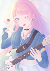 1girl absurdres bang_dream! bang_dream!_it&#039;s_mygo!!!!! black_choker blue_jacket chihaya_anon choker collarbone commentary electric_guitar esp_guitars fat123 grey_eyes guitar highres holding holding_plectrum instrument jacket jewelry long_hair midriff navel necklace one_eye_closed open_mouth pink_hair pleated_skirt plectrum skirt solo teeth upper_teeth_only white_skirt zipper zipper_pull_tab