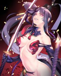 Rule 34 | 1girl, ban! (bansankan), breasts, commentary request, dual wielding, elbow gloves, eyeshadow, facial mark, fate/grand order, fate (series), forehead mark, gloves, hair ornament, hat, highres, holding, holding sword, holding weapon, katana, long hair, looking at viewer, makeup, medium breasts, multicolored eyes, navel, purple hair, purple lips, red background, removing eyewear, side ponytail, smile, solo, sword, taira no kagekiyo (fate), torn clothes, ushiwakamaru (fate), weapon