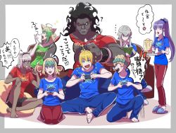 Rule 34 | ..., 4boys, 4girls, ?, ahoge, anger vein, animal ears, arts shirt, asclepius (fate), atalanta (fate), book, buster shirt, caenis (fate), castor (fate), cat ears, controller, dark-skinned female, dark skin, fate/grand order, fate (series), food, heracles (fate), highres, jason (fate), medea (lily) (fate), multiple boys, multiple girls, nn (nnenuenun), pancake, playing games, pointy ears, pollux (fate), ponytail, quick shirt, reading, strawberry pocky, tray, yawning