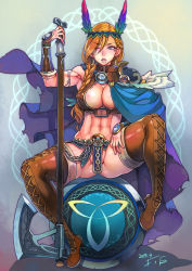 Rule 34 | 1girl, abs, artist name, bad id, bad pixiv id, blonde hair, blue eyes, boots, breasts, brown footwear, cleavage, commission, cross-laced footwear, dated, f.s., feather hair ornament, feathers, gradient cape, hair between eyes, hair ornament, highres, lace-up boots, looking at viewer, muscular, muscular female, no panties, one eye closed, original, shield, skeb commission, thigh boots, thighhighs, warrior