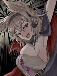 Rule 34 | 1girl, :d, arm up, black background, breasts, brown eyes, brown hair, collaboration, commentary request, earmuffs, jun jun 0319, konyayuki 08, looking at viewer, open mouth, smile, solo, touhou, toyosatomimi no miko, upper body