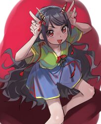 Rule 34 | 1girl, blue shorts, curly hair, flip-flops, frogsnake, from above, green shirt, horns, index finger raised, long hair, looking at viewer, nippaku zanmu, oni, oni horns, sandals, shirt, shorts, skinny, smile, string, string of fate, touhou, unfinished dream of all living ghost, very long hair, yellow horns