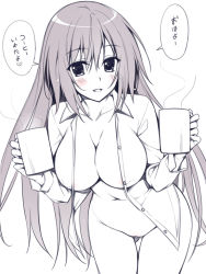 Rule 34 | 1girl, blush, breasts, cleavage, cup, dress shirt, large breasts, leaning forward, long hair, long sleeves, monochrome, mug, naked shirt, open clothes, open shirt, original, oryo (oryo04), shirt, smile, solo, spot color, translation request, uncensored