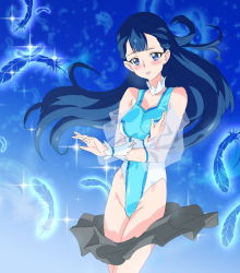 Rule 34 | 10s, 1girl, bad id, bad pixiv id, blue background, blue eyes, blue hair, blush, breasts, choker, cleavage, collarbone, commentary, cure ange, embarrassed, feathers, floating hair, gradient background, groin, henshin, highleg, highleg leotard, hugtto! precure, leotard, long hair, ontaros, parted lips, precure, raised eyebrows, skin tight, skirt, unworn skirt, solo, standing, white choker, wrist cuffs, yakushiji saaya