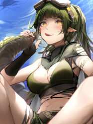 Rule 34 | 1girl, :p, absurdres, arknights, blue sky, blush, breasts, cleavage, cloud, crocodilian tail, day, gavial (arknights), gavial the invincible (arknights), goggles, goggles on head, green hair, highres, long hair, looking at viewer, medium breasts, midriff, navel, outdoors, pointy ears, ponytail, sitting, sky, solo, tab head, tail, tongue, tongue out, yellow eyes