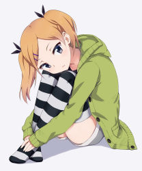 Rule 34 | 10s, 1girl, black eyes, feet, grey background, hair ornament, hair ribbon, hairclip, hands on feet, hashi, highres, hood, hoodie, hugging own legs, looking at viewer, mole, mole under eye, no shoes, ribbon, shirobako, short hair, shorts, simple background, sitting, solo, striped clothes, striped legwear, striped thighhighs, thighhighs, tsurime, twintails, yano erika