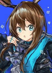 Rule 34 | 1girl, :o, amiya (arknights), animal ears, arknights, ascot, black ascot, black jacket, blue background, blue collar, blue eyes, blush, brown hair, collar, hair between eyes, highres, jacket, jewelry, long sleeves, looking at viewer, multiple rings, nataro 1116, open clothes, open jacket, rabbit ears, rabbit girl, ring, simple background, solo, upper body