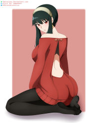Rule 34 | 1girl, absurdres, ass, back, back cutout, bare shoulders, black hair, black leggings, black pantyhose, border, breasts, clothing cutout, commentary, deviantart username, earrings, english commentary, hairband, highres, iharuluna, jewelry, large breasts, leggings, looking at viewer, looking back, no shoes, off-shoulder sweater, off shoulder, pantyhose, parted lips, pixiv id, red eyes, red sweater, sidelocks, sitting, solo, spy x family, sweater, watermark, web address, white border, yor briar