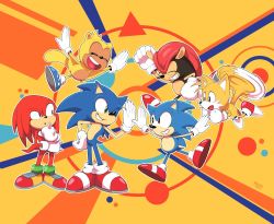 Rule 34 | 6+boys, :d, :o, black eyes, dual persona, closed eyes, flying, fox boy, gloves, green eyes, grin, happy, high five, highres, knuckles the echidna, michiyoshi, mighty the armadillo, multiple boys, open mouth, ray the flying squirrel, red footwear, shoes, smile, sneakers, sonic (series), sonic mania, sonic the hedgehog, sonic the hedgehog (classic), squirrel boy, tail, tails (sonic), white gloves