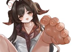 Rule 34 | 1girl, ahoge, bare legs, barefoot, blue archive, blush, brown hair, close-up, demon horns, dokomon, feet, foot focus, hair intakes, halo, head tilt, highres, horns, kasumi (blue archive), lab coat, leg up, looking at viewer, open collar, red shirt, shirt, simple background, smile, soles, solo, sweat, toes, white background