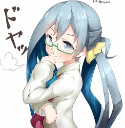 Rule 34 | 10s, 1girl, artist name, bad id, bad twitter id, bespectacled, blue bow, blue bowtie, blue eyes, blue hair, blush, boruhis, bow, bowtie, closed mouth, collared shirt, doyagao, eyebrows, finger to glasses, from side, glasses, green-framed eyewear, hair ornament, hand up, index finger raised, kantai collection, kiyoshimo (kancolle), long hair, long sleeves, looking at viewer, matching hair/eyes, multicolored hair, semi-rimless eyewear, shirt, simple background, smile, smug, solo, two-tone hair, under-rim eyewear, upper body, white background, white shirt
