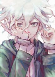 Rule 34 | 1boy, a po (liuxiaobo0413), blood, blood on face, collarbone, commentary, cuffs, danganronpa (series), danganronpa 2: goodbye despair, green jacket, grey background, grey hair, hands on own face, hands up, hood, hood down, hooded jacket, jacket, komaeda nagito, long sleeves, looking at viewer, male focus, nosebleed, open clothes, open jacket, shackles, shirt, short hair, simple background, solo, symbol-only commentary, upper body, white hair, white shirt, wiping blood, wiping nose