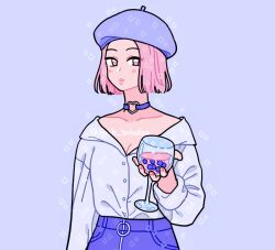 Rule 34 | 1girl, beret, blue background, blue choker, blue pants, blue shirt, blunt ends, breasts, bubble tea, buckle, buttons, choker, cleavage, collarbone, collared shirt, commentary, cowboy shot, cup, denim, drink, drinking glass, emily kim, english commentary, expressionless, fingernails, forehead, hat, heart, heart-shaped buckle, high-waist pants, holding, holding drink, jeans, light blush, lips, long sleeves, o-ring, original, pants, parted lips, pink eyes, pink hair, pocket, purple hat, shirt, short hair, simple background, solo, sparkle, twitter username, wine glass