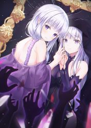 Rule 34 | 2girls, bare shoulders, blunt bangs, blush, breasts, broken mirror, commentary request, detached sleeves, dress, dutch angle, emilia (re:zero), flower, from behind, frown, hand up, highres, hyonee, large breasts, long hair, looking at viewer, mirror, multiple girls, multiple hands, parted lips, pointy ears, purple dress, re:zero kara hajimeru isekai seikatsu, reflection, rose, satella (re:zero), shoulder blades, sleeveless, sleeveless dress, smile, spoilers, tears, teeth
