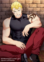 Rule 34 | 1boy, bara, bare arms, bare shoulders, blonde hair, covered abs, elbow rest, fairy tail, feet out of frame, kienbiu, large pectorals, laxus dreyar, leg up, male focus, muscular, paid reward available, pants, patreon username, pectorals, red pants, shirt, short hair, shoulder tattoo, sleeveless, sleeveless shirt, solo, spiked hair, tattoo, taut clothes, taut shirt
