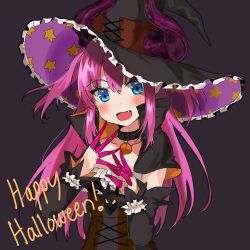 Rule 34 | 1girl, :d, black background, black choker, black dress, blue eyes, choker, commentary, detached sleeves, dress, elizabeth bathory (fate), elizabeth bathory (fate/extra ccc), english commentary, english text, fang, fate/grand order, fate (series), halloween costume, happy halloween, hat, highres, horns, horns through headwear, long hair, long sleeves, looking at viewer, mochii, open mouth, pink hair, smile, solo, two side up, upper body