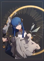 Rule 34 | 1girl, absurdres, angel wings, arknights, blouse, blue eyes, blue hair, capelet, collarbone, collared shirt, eyes visible through hair, fingerless gloves, framed, gloves, gold trim, grey background, halo, hand grab, head tilt, highres, holding, horns, if f, light smile, long hair, looking at viewer, mostima (arknights), mostima (spellbreaker) (arknights), omega symbol, shirt, solo, statue, teeth, toga, upper body, white shirt, wings, wrist cuffs, zipper, zipper pull tab