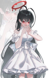 Rule 34 | 1girl, antenna hair, black hair, blue archive, blush, breasts, cowboy shot, dress, frilled dress, frills, highres, kangshi, large breasts, long hair, looking at viewer, open mouth, red eyes, short sleeves, simple background, solo, tsurugi (blue archive), white background, white dress, zoom layer