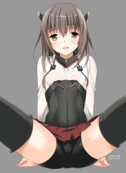 Rule 34 | 10s, 1girl, bad id, bad pixiv id, bike shorts, bike shorts under skirt, blush, brown eyes, brown hair, flat chest, headband, headgear, kantai collection, open mouth, personification, pleated skirt, saikawa yusa, short hair, shorts, shorts under skirt, skirt, smile, solo, spread legs, taihou (kancolle), thighhighs