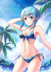 Rule 34 | 1girl, bare shoulders, bikini, blue bikini, blue hair, blush, breasts, cleavage, collarbone, commentary request, day, hair between eyes, hair ornament, hairclip, looking at viewer, md5 mismatch, medium breasts, missyouone1812, navel, outdoors, palm tree, parted lips, resolution mismatch, short hair, side-tie bikini bottom, sidelocks, sinon, solo, source larger, swimsuit, sword art online, tree, water